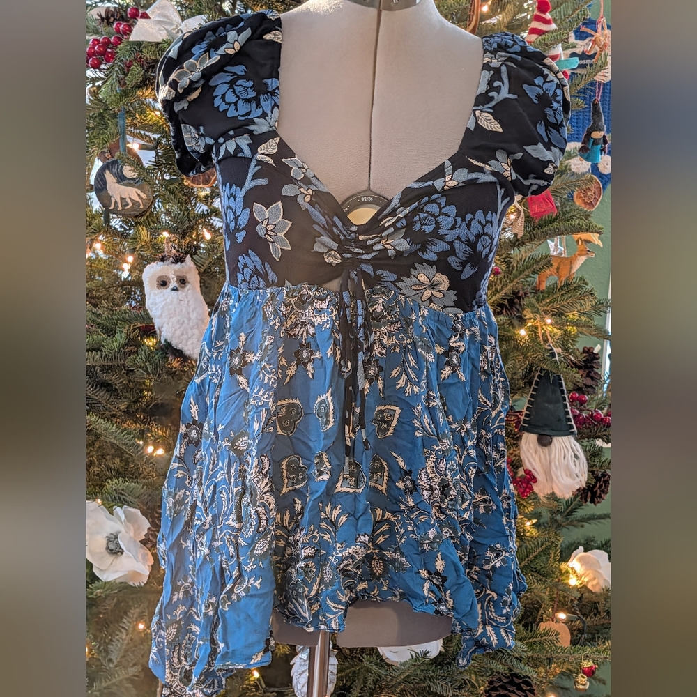 Free People Black and Blue Floral Blouse